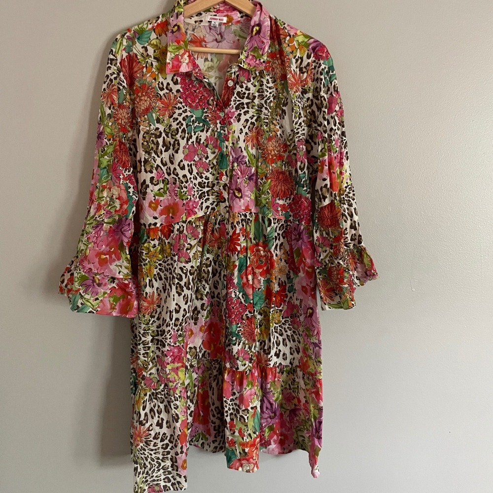 Johnny Was Shirt Dress Women XL Multi Floral Leopard Boho Tiered Festival Cotton